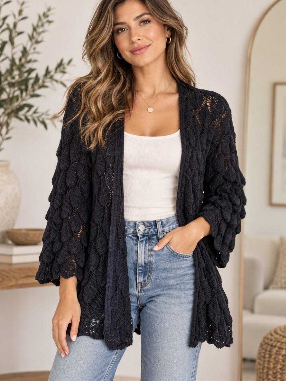 Sadie & Sage (99$) | Black Open Knit Textured Leaf Boho Cardigan, Ptp 22 1/2"